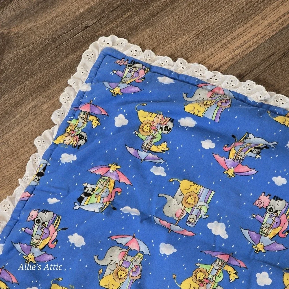 Noahs Ark Baby Quilt Blue Vintage Blanket Animals‎ Cotton Nursery Decor 50x38